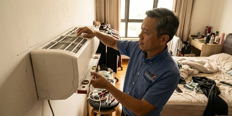 Aircond indoor unit being properly levelled and installed with correct drainage pipe angle to prevent water leaking issues