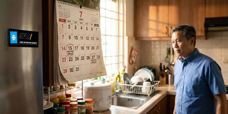 Calendar showing recommended aircond maintenance schedule for Malaysian tropical climate with monthly and quarterly tasks