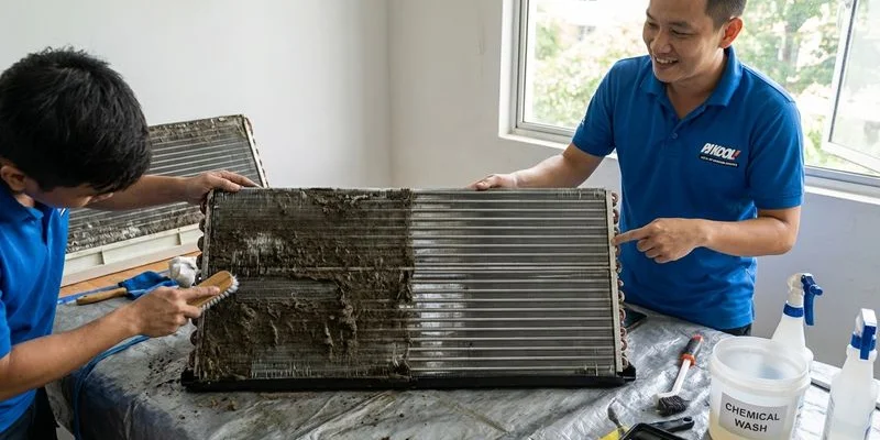 Before and after comparison of aircond evaporator coil showing dramatic difference after professional chemical wash cleaning