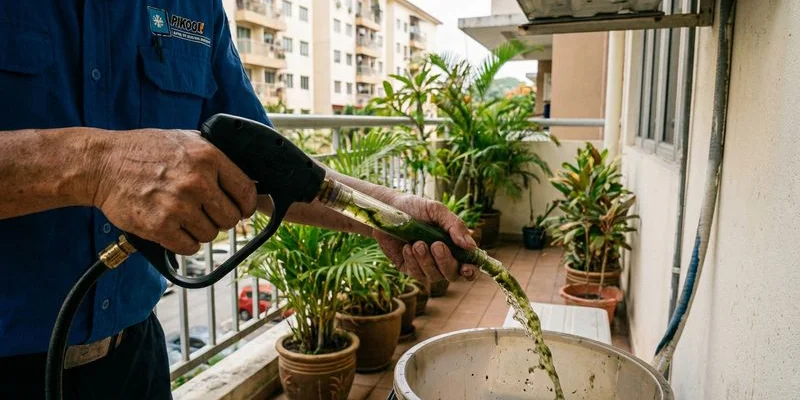 Blocked aircond drainage pipe being cleared by technician using pressurised water flush to remove algae and slime buildup