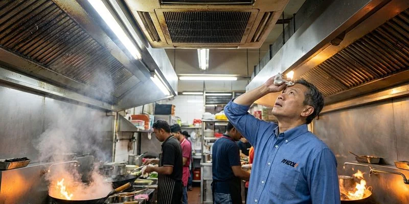 Busy restaurant kitchen in PJ generating heat grease and steam that rapidly clogs aircond filters and evaporator coils