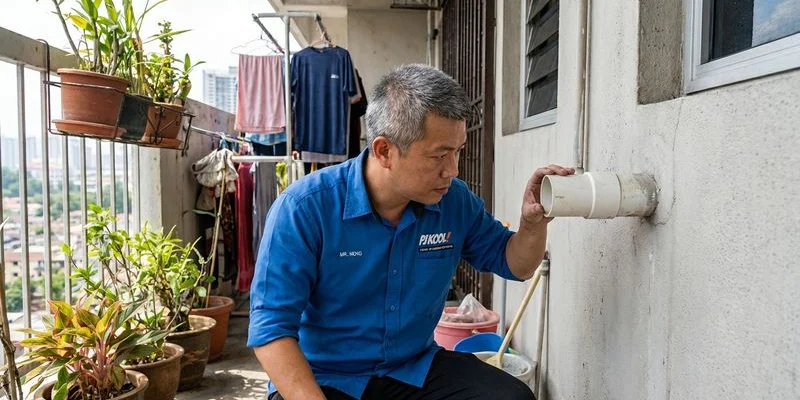 Checking aircond drainage pipe outlet on exterior wall to ensure proper water flow and prevent blockage leaking issues