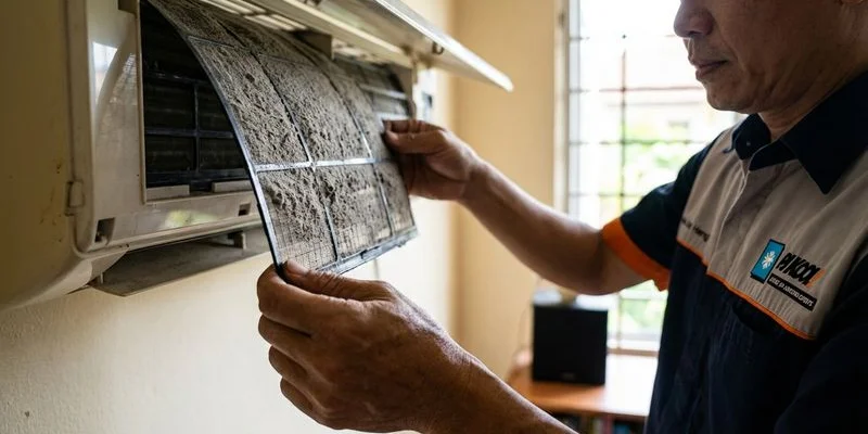 Dirty clogged aircond filter being removed from wall mounted unit showing heavy dust buildup blocking airflow