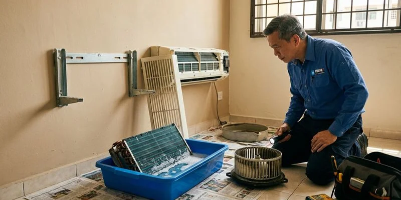 Completely dismantled aircond indoor unit with evaporator coil removed for chemical overhaul soaking in cleaning solution