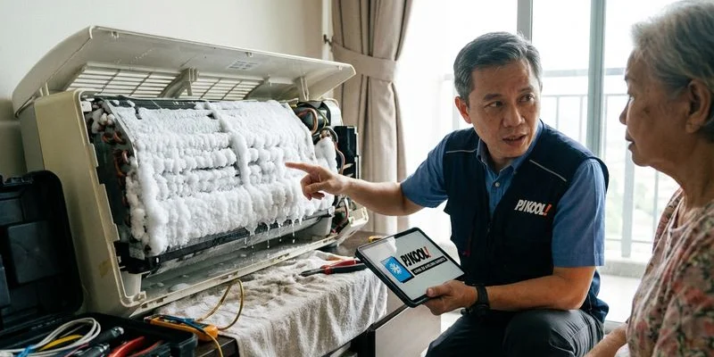 Frozen icy evaporator coil inside aircond indoor unit showing ice buildup that prevents proper cooling operation