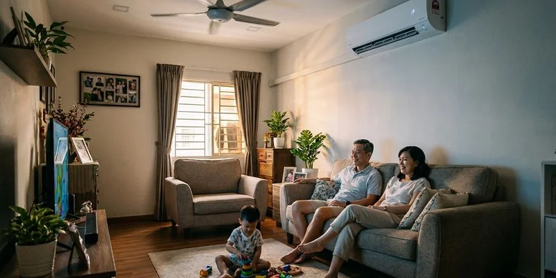 Happy Malaysian family enjoying cool air from properly serviced aircond unit in their comfortable living room