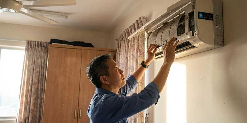 Homeowner removing aircond filter from wall mounted unit for cleaning showing step by step DIY maintenance process