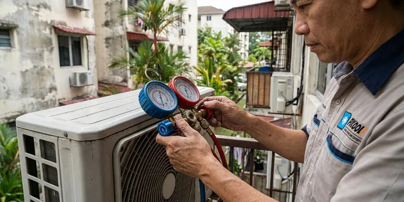 HVAC technician checking refrigerant gas pressure levels on aircond outdoor compressor unit using manifold gauge set