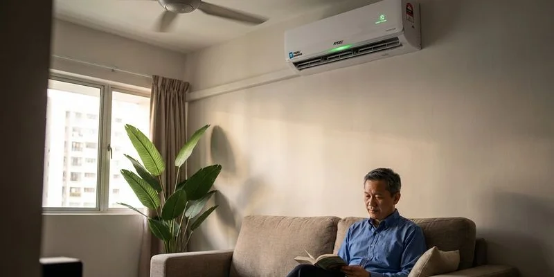 Modern energy efficient inverter aircond unit installed in stylish Malaysian living room providing quiet comfortable cooling