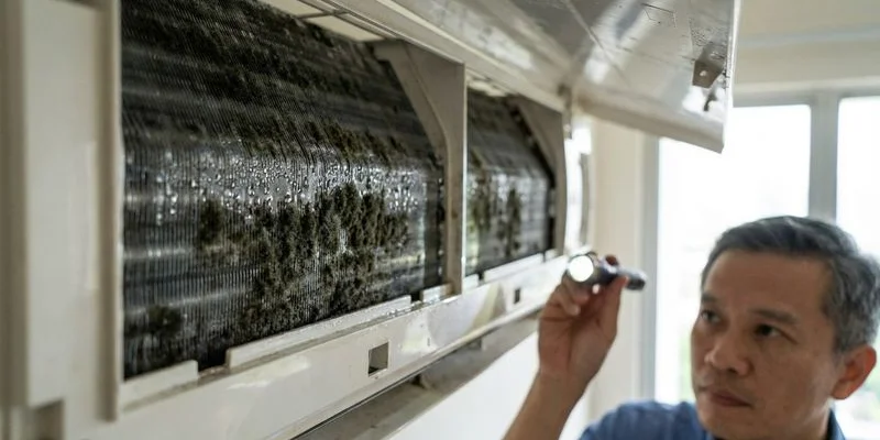 Close up of mould and bacteria colonies growing on aircond evaporator coil surface in humid tropical Malaysian climate
