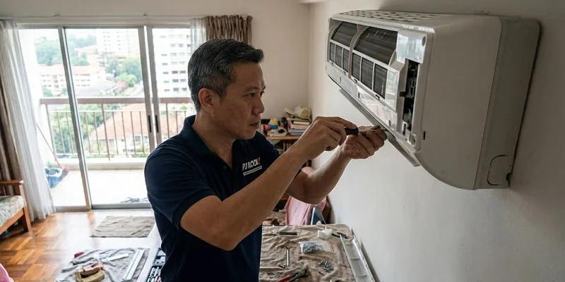 Professional aircond technician performing chemical wash on wall mounted split unit in a Petaling Jaya condominium bedroom