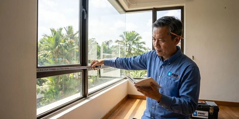 Professional aircond installer measuring room dimensions and checking window orientation for proper HP sizing calculation