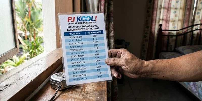 Visual room size comparison chart showing recommended aircond HP rating for different Malaysian home room types