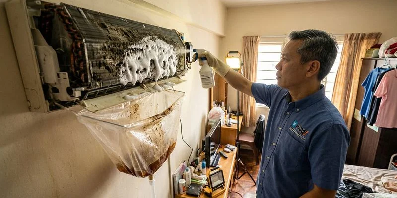 Technician performing anti bacterial chemical wash on aircond evaporator coil to eliminate mould and musty smell completely