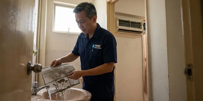 Technician performing standard aircond filter cleaning and basic maintenance on a wall mounted split unit in a Malaysian home