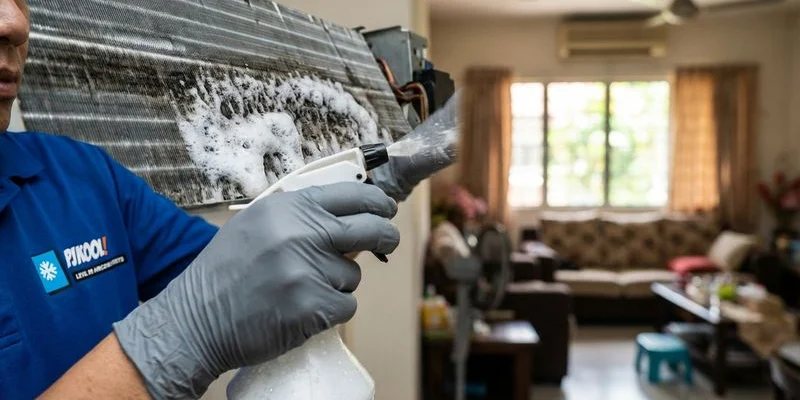 Technician spraying chemical cleaning solution onto aircond evaporator coil during professional chemical wash service