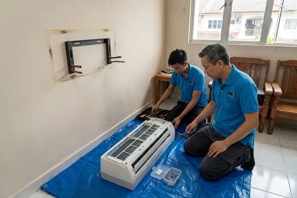 Aircond indoor unit completely removed from wall bracket during a full chemical overhaul service in Petaling Jaya