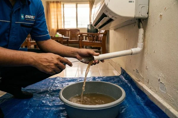 Aircond water leaking repair showing a technician fixing a blocked drainage pipe in a residential unit