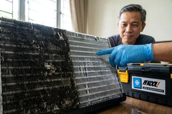 Aircond evaporator coil before and after chemical wash showing thorough cleaning