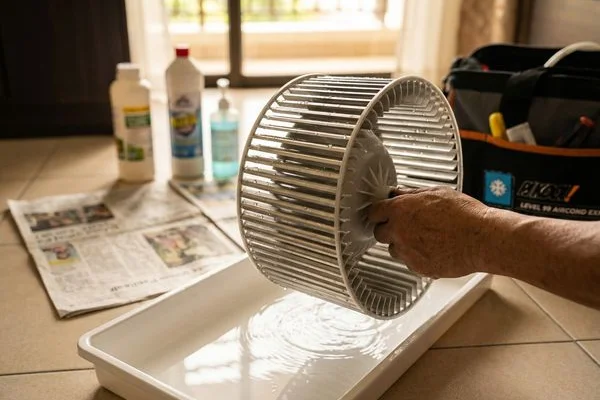 Clean aircond blower wheel after professional chemical wash service