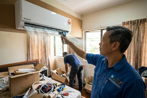 Final testing of a newly installed Panasonic inverter aircond unit checking temperature output and system performance