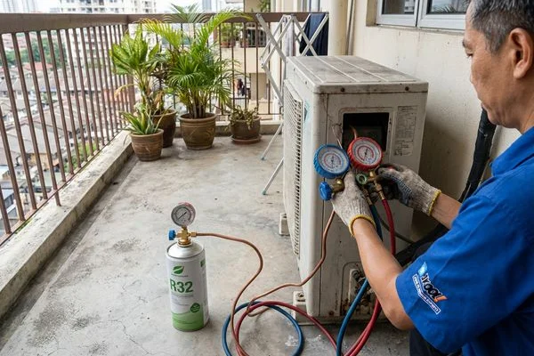 Free gas top-up of R32 refrigerant being added to an aircond unit after a complete chemical wash service