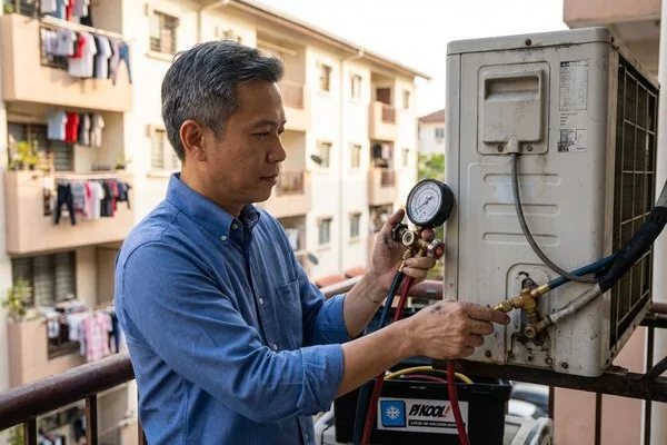 Gas leak detection with a technician using a PSI gauge to check refrigerant pressure levels on an aircond unit