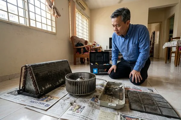 Individual aircond components including evaporator coil blower wheel and drainage pan laid out for individual chemical cleaning