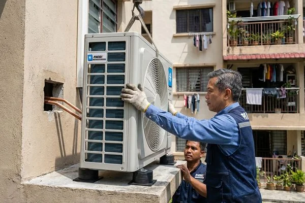 Outdoor compressor unit being securely installed on a concrete pad with proper clearance spacing for airflow