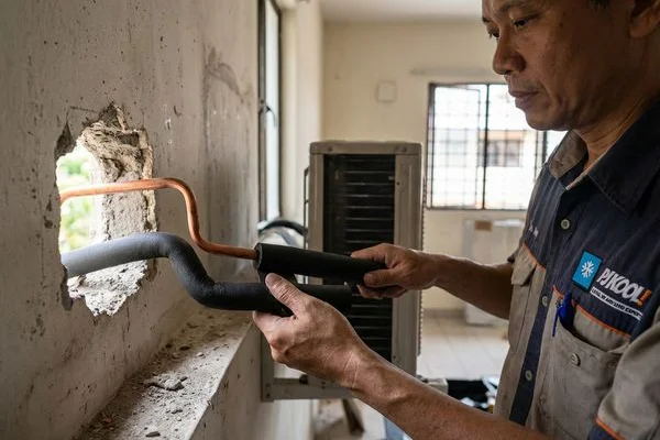 Professional copper piping and insulation work being completed for a new aircond installation in Petaling Jaya