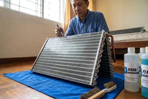 Restored clean evaporator coil after a complete chemical overhaul showing like-new condition and restored airflow