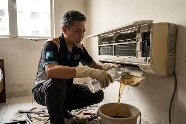Senior technician flushing the drainage pan and pipe during a full chemical wash service for a residential aircond unit