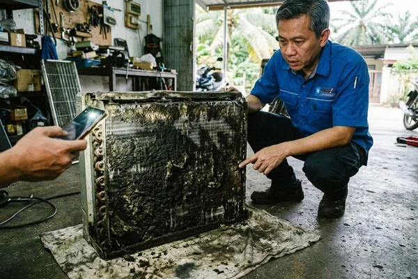 Severe mould and dirt buildup on a neglected aircond evaporator coil before chemical overhaul treatment