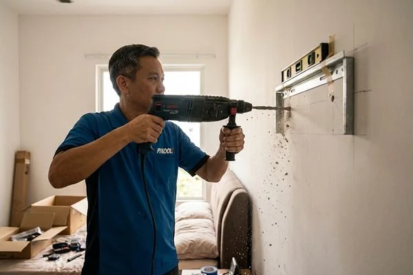 Technician installing a wall bracket and mounting a new aircond indoor unit in a Malaysian bedroom