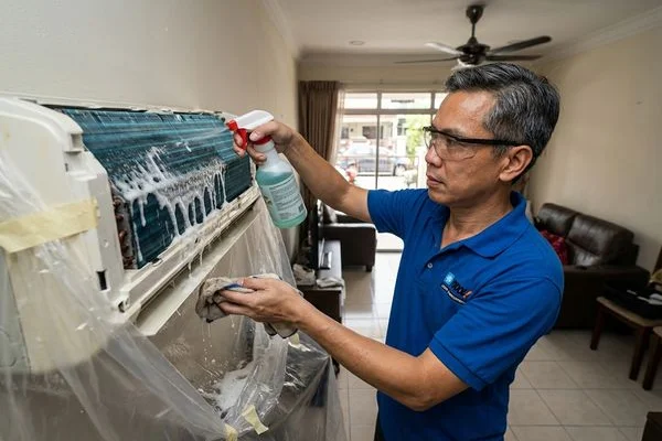 Technician performing alkaline chemical coil cleaning on an evaporator coil during a chemical wash service in Petaling Jaya