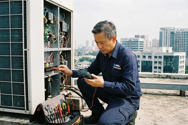 Technician performing a preventive diagnostic check on a commercial VRF aircond system in an office building in PJ