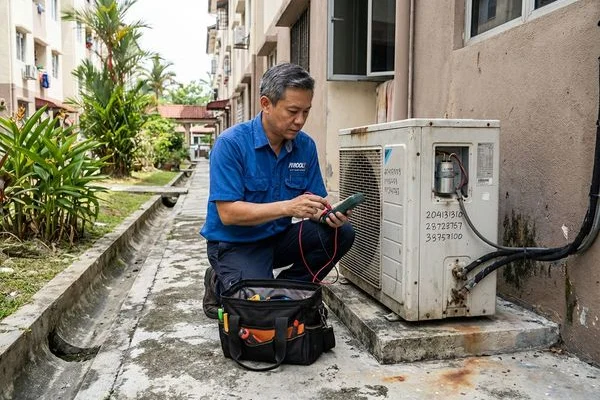 Technician testing aircond capacitor and compressor readings with professional diagnostic tools in Petaling Jaya