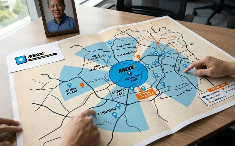 PJ Kool Aircond Service coverage area map showing Petaling Jaya, Damansara, Subang Jaya, and surrounding areas