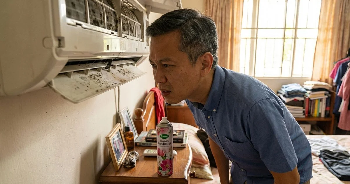 Close-up of mould and bacteria growing inside aircond evaporator coil causing musty smell