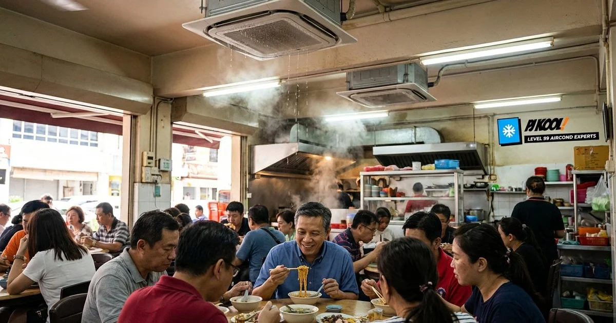 Restaurant interior in PJ with multiple ceiling cassette aircond units requiring regular maintenance
