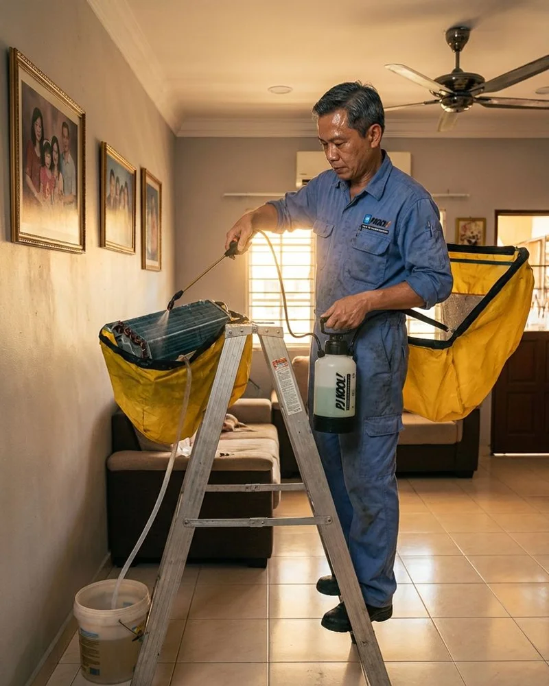Senior aircond technician performing chemical wash service in a Malaysian home